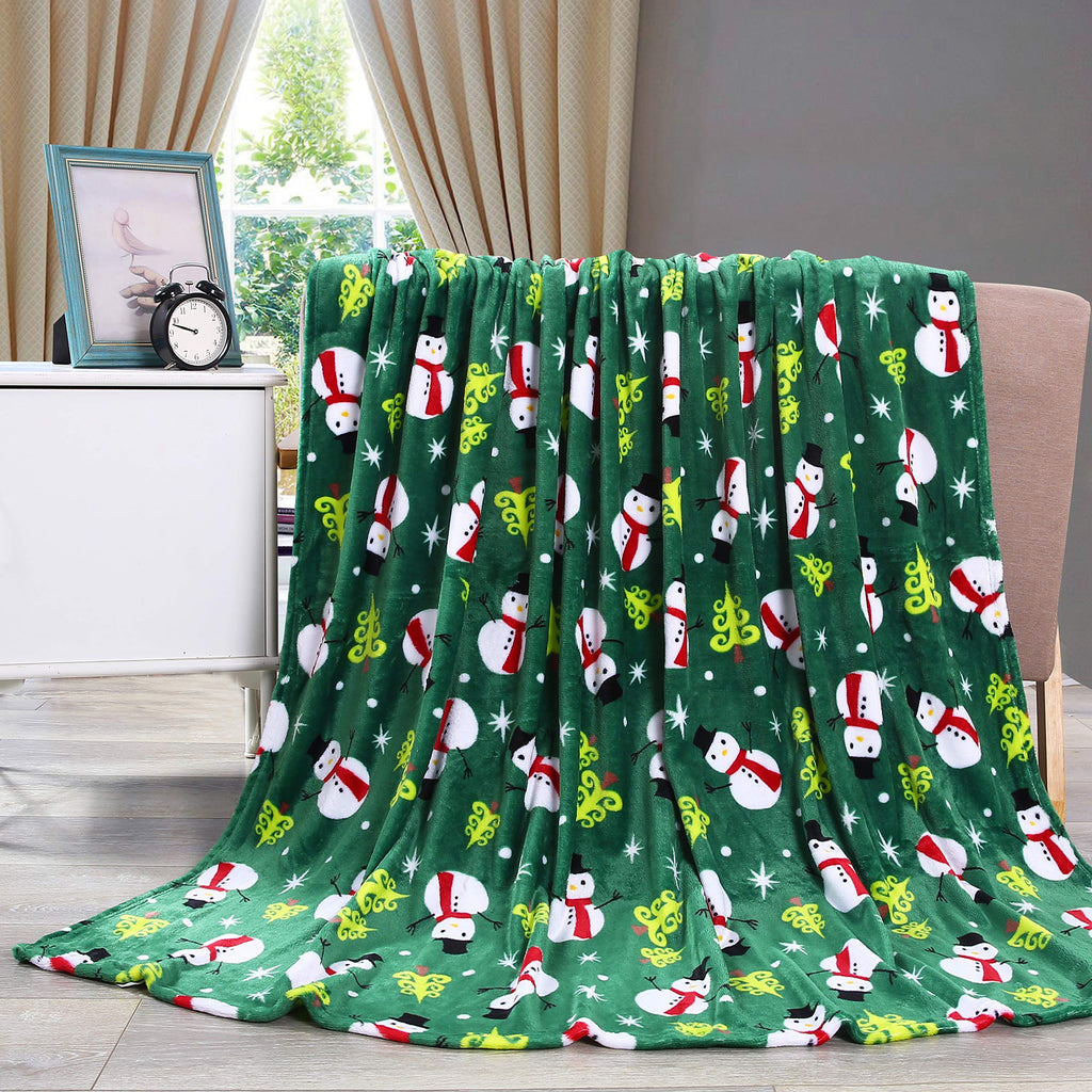 Valerian Luxury Velvet Touch Ultra Plush Christmas Blanket Soft, Warm, Cozy Holiday Printed Fleece Throw/Blanket - 50" x 60inch, Green Snowman