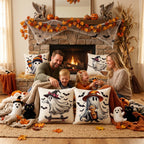 Fall Halloween Thanksgiving Pillow Covers 18x18 Set of 4, Faux Linen Polyester Decorative Throw Pillow Cases for Harvest Home Sofa Couch Bed Decor (CuteGhost)