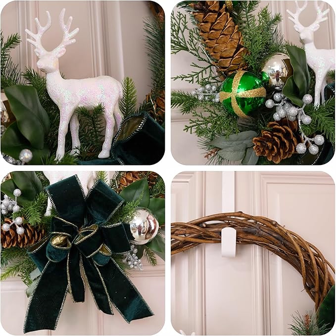 28" Lighted Christmas Wreath for Front Door, Handmade with Pinecones Ornaments Deer Bow, Christmas Wreath Decoration for Home Door Porch Wall Indoor Outdoor