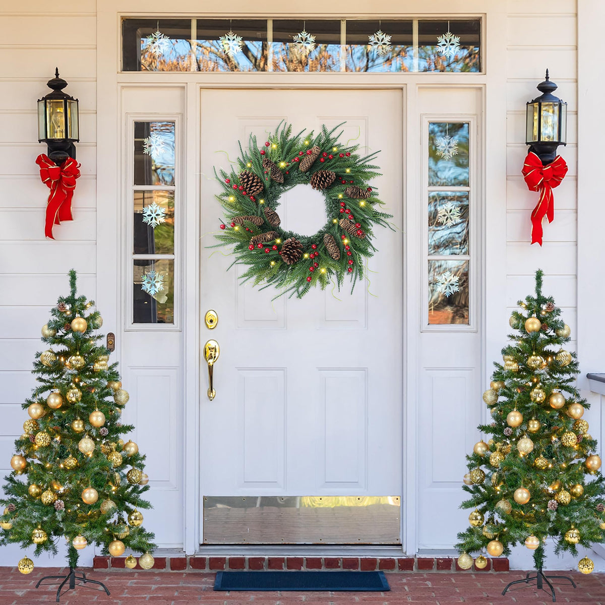 24’’ Real Touch Norfolk Pine Wreath Artificial Christmas Green Wreath for Front Door with Red Berries Pinecones Christmas Decorations for Winter Farmhouse Wall Indoor Outdoor Home Holiday Xmas Decor
