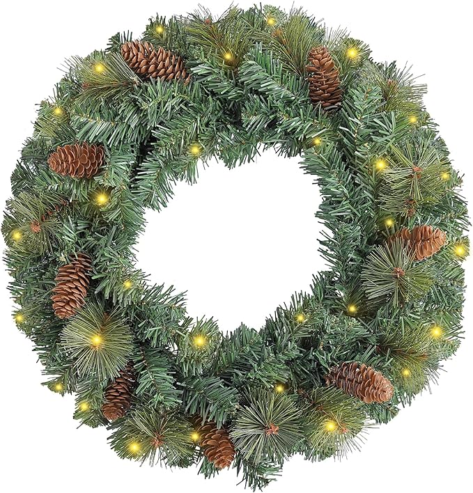 FR Artificial Pre-Lit Fir Christmas Wreath Holiday Accent Decoration, Wintry Pine, Decorated with Pine Cones, with LED Lights Battery Operated for Door, Mantel - 20 Inch