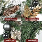 24 inch Christmas Door Wreath, Norfolk Pine Wreaths for Front Door with Silver Ball Glittered Leaf Spray Stems Pinecones Berries for Fireplace Xmas Decorations, Wall Window Indoor Outdoor Decor