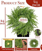 24" Prelit Christmas Wreath for Front Door, Real Touch Norfolk Pine Wreath Thick & Soft Christmas Wreaths with Light, Timer, Norfolk Pine Cypress Leaf Christmas Door Wreath for Home Wall Outdoor Decor