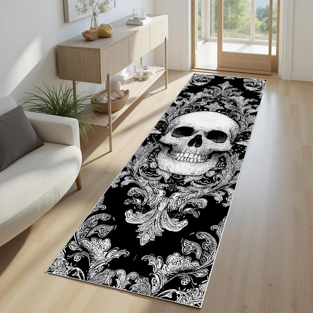 Skull Pattern Gothic Runner Rug Red Black Rose Decor Carpet Soft Non-Slip Art Home Decor Mat for Hallway Living Room Bedside